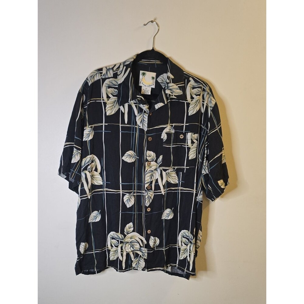 Banana Cabana Mens XL‎ Black Silk Tropical Floral Hawaiian Camp Shirt